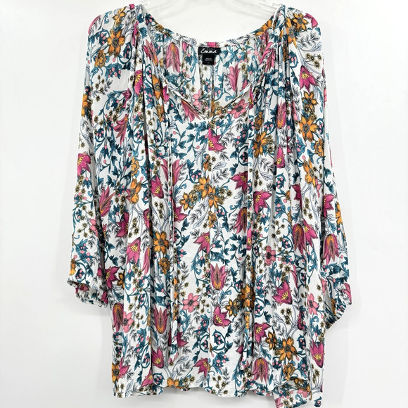Simply Emma Garden Floral Popover Top Sz 2X White Pink Peasant Pretty Boho - Picture 1 of 9